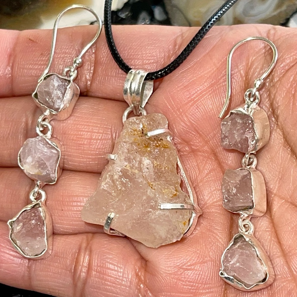 Rough Rose Quartz Pendant & Earrings Set
